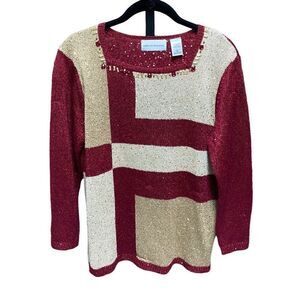 Alfred Dunner Burgundy & Gold Sparkle Sweater Size Small